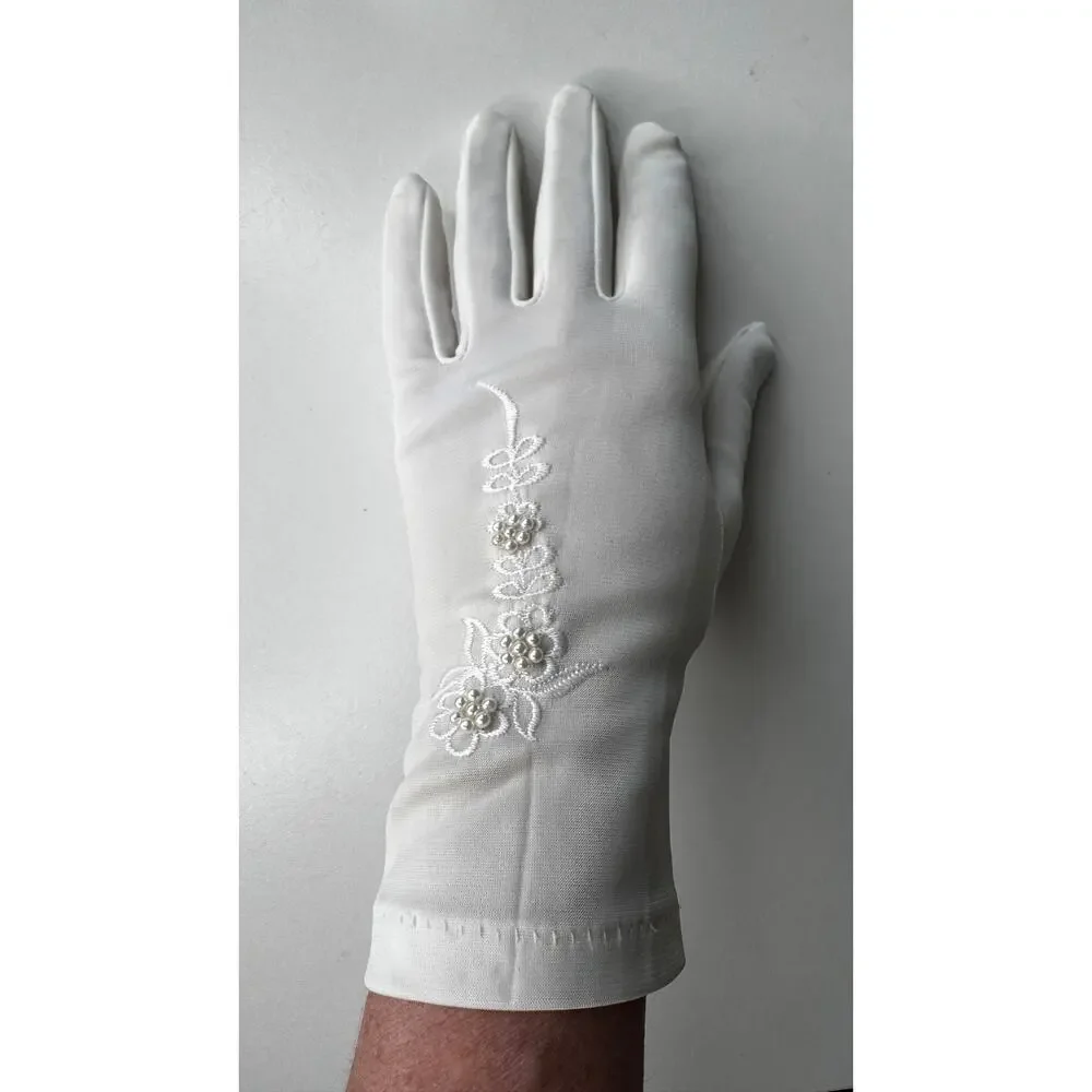 Vintage 1980s White/Ivory Unbranded Satin Beaded Floral Gloves XS S